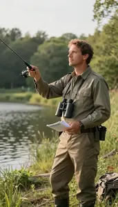 Park Ranger Casting A Fishing Line In A Managed Forest Area In Professional