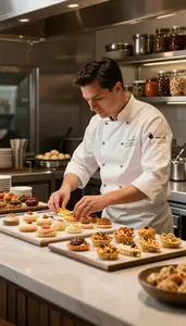 Pastry Chef Arranging Pastries On A At A Restaurant Grill Station At Workplace