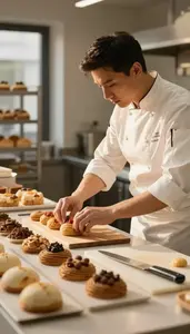 Pastry Chef Arranging Pastries On A In A Pastry Kitchen Display Area In