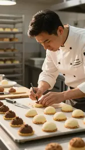 Pastry Chef Decorating Pastries In A In A Pastry Kitchen Display Area In Daily