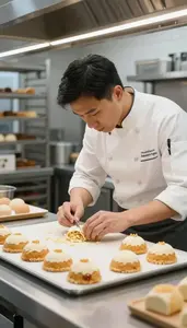 Pastry Chef Decorating Pastries In A In A Pastry Kitchen Display Area At Work