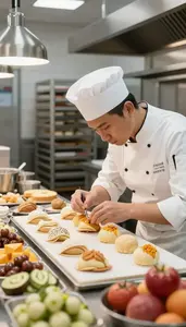 Pastry Chef Decorating Pastries In A In A Pastry Kitchen Display Area At Work