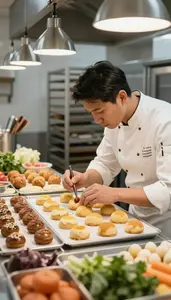 Pastry Chef Decorating Pastries In A In A Pastry Kitchen Display Area At