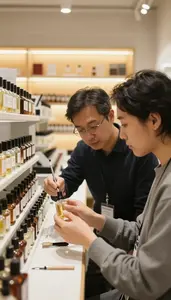 Perfumer Consulting With A Client In A Perfume Blending Laboratory At Work