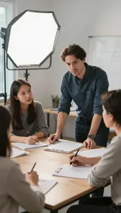 Photography Instructor Instructing A Language Conversation Studio With Lighting
