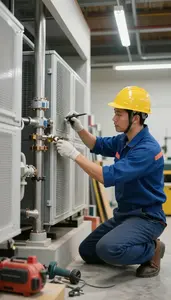 Pipefitter Installing A New Hvac In A Workshop Garage At Professional Location