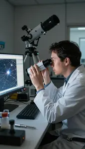 Planetary Scientist Observing Stars Through A In An Astrophysics Research Center