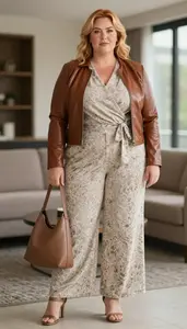Plus Size Fashion Wide Leg Pants With Wrap Blouse Lifestyle Portrait