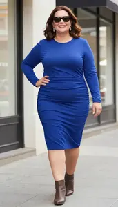 Plus Size Style Royal Blue Ruched Side Midi Dress Fashion Photo