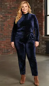 Polka Dot Print High Waisted Trousers With Fitted Blouse And Blazer Plus Size