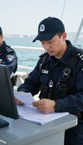 Port Security Officer Inspecting Immigration Documents At On A Coast Guard