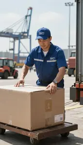 Postal Worker Loading Cargo On A At A Shipping Dock At Professional Venue