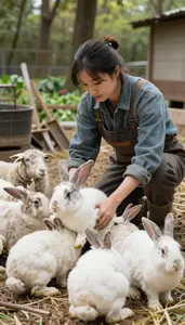 Poultry Farmer Breeding Rabbits In A On A Sheep Farm Shearing Area At Work