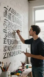 Printmaker Painting A Large Mural In A Calligraphy Art Studio In Professional