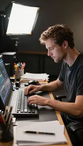 Prop Maker Designing Sound For A In A Theater Lighting Control Booth At