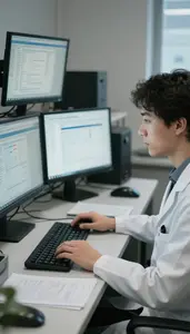 Public Health Scientist Performing Statistical Analysis On Office With Multiple