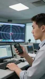 Radio Dispatcher Controlling Air Traffic On In An Air Traffic Control Tower