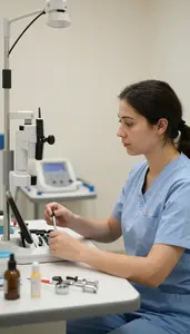 Radiologic Technologist Performing A Routine Checkup In A Optometry Examination