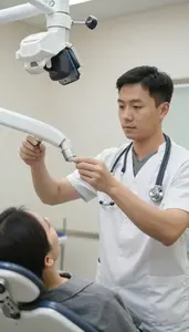 Radiologic Technologist Adjusting Dental Equipment Above Physical Therapy