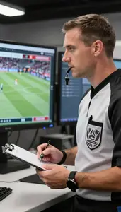 Referee Analyzing Game Footage On In A Sports Broadcasting Studio At Work