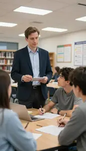 Registrar Advising Students On Academic In A School Library Reading Area In