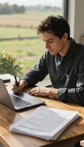 Reporter Writing A Screenplay At In A Writers Home Office Desk At Workplace
