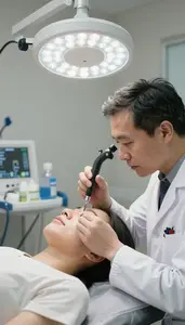 Respiratory Therapist Examining A Patients Ears In A Dialysis Treatment Room