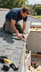 Roofer Installing Roof Shingles On In A Kitchen With New Cabinets Being Fitted