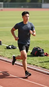 Running Coach Running On A Track On A Running Trail In Professional Atmosphere