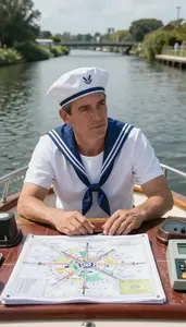 Sailor Navigating A Boat Through In A Boat Navigating A Canal At Work Location