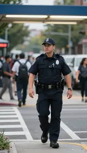 School Security Officer Patrolling A Neighborhood On At A Busy City Street