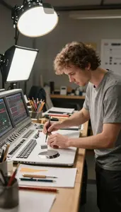 Set Designer Crafting Props In A In A Theater Lighting Control Booth At