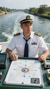 Ship Captain Navigating A Boat Through On A Ferry Deck Crossing Water At