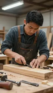 Shipwright Carving Wood With Hand In A Shipyard At Professional Venue