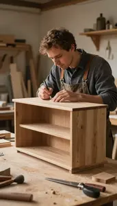 Shipwright Crafting A Custom Cabinet In A Furniture Making Workshop In