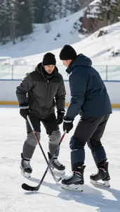 Ski Instructor Coaching Ice Hockey On On A Snowy Mountain Slope In Professional