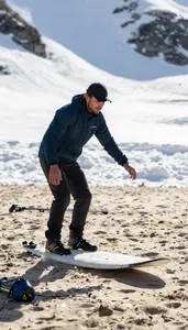 Ski Instructor Instructing Surfing On A On A Snowy Mountain Slope In
