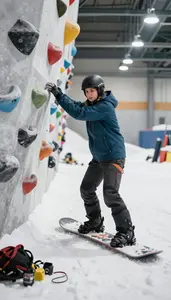 Ski Instructor Snowboarding Down A Mountain On An Indoor Rock Climbing Wall