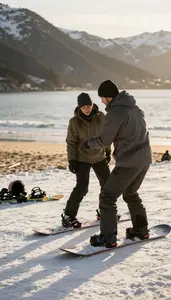Snowboard Instructor Teaching Skiing Techniques On On A Snowy Mountain Slope
