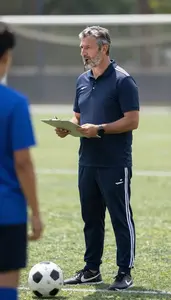 Soccer Coach Coaching A Soccer Team On A Soccer Match Field In Professional