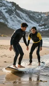 Surfing Instructor Instructing Surfing On A On A Snowy Mountain Slope In