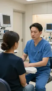 Surgeon Consulting With A Patient In A Optometry Examination Room At Work
