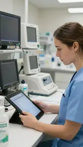 Surgical Technologist Consulting Medical Records On In A Pharmacy Dispensing