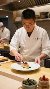 Sushi Chef Plating A Gourmet Dish In A Busy Restaurant Kitchen In Professional