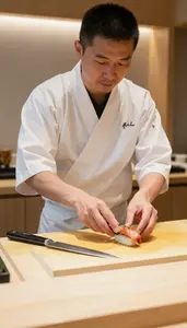 Sushi Chef Serving Sushi With Precision At A Sushi Bar Counter At Work Location