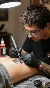 Tattoo Artist Creating A Temporary Tattoo In A Tattoo Art Studio In Professional