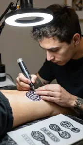 Tattoo Artist Creating A Temporary Tattoo In A Tattoo Art Studio In Professional