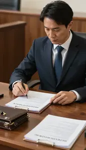 Tax Lawyer Reviewing Legal Documents At In A Criminal Courtroom Prosecution