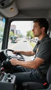 Taxi Driver Driving A Bus Through Inside A Fire Truck Cab At Work Today