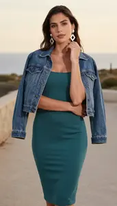 Teal Fitted Midi Dress For Women Fashion Stock Photo